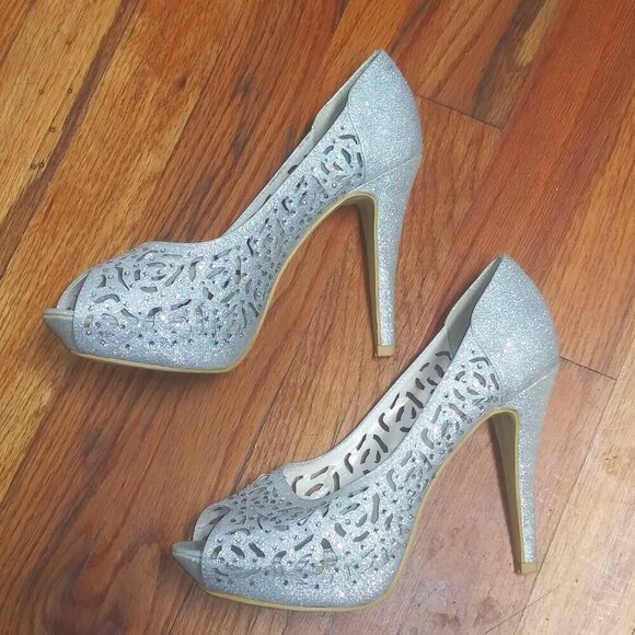 TOP Moda Silver stilettos Peep toe shimmery embellished fancy party Cinderella - Picture 2 of 11